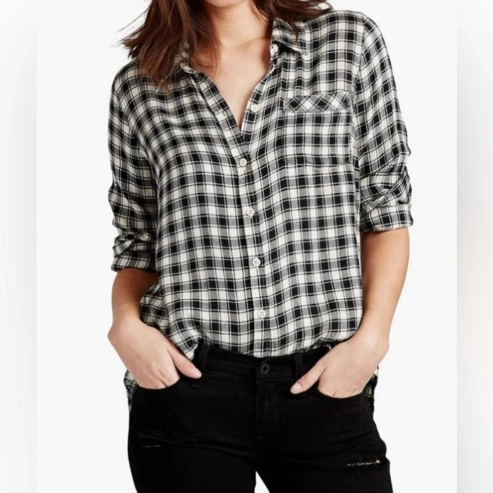 Lucky‎ Brand Boyfriend Flannel Plaid Shirt Black & White Size Large